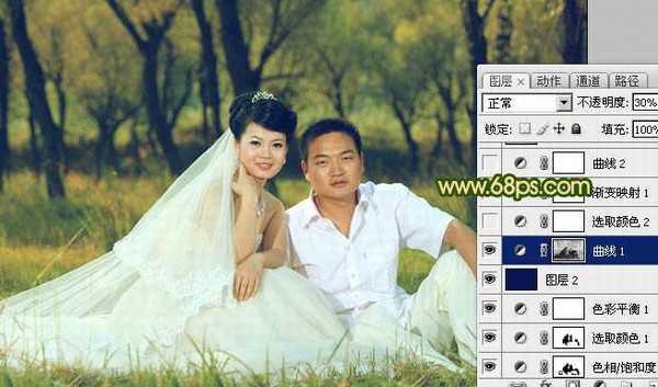 Photoshop将森林婚片调成温馨的暖色调