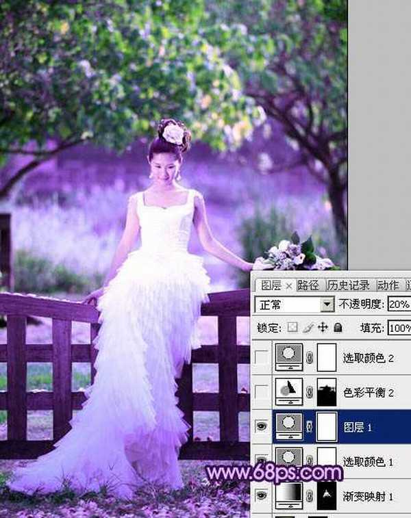 Photoshop中将树林美女婚片调成唯美的绿紫色