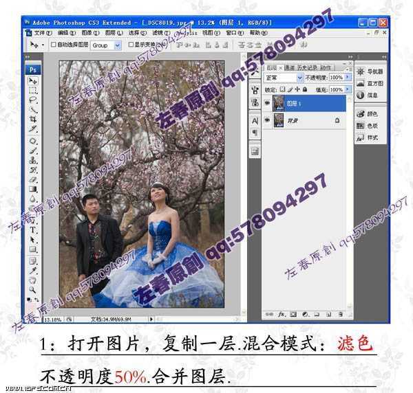 Photoshop将阴沉的桃林婚片调制成阳光色彩效果