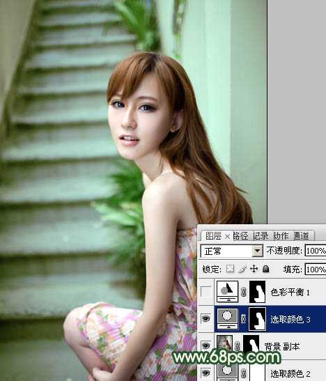 Photoshop将楼梯边美女图片调制出甜美的青绿色效果