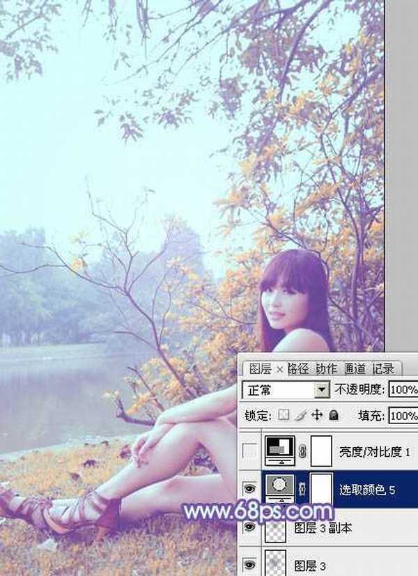 Photoshop为坐在河边的美女加上小清新的秋季橙黄色