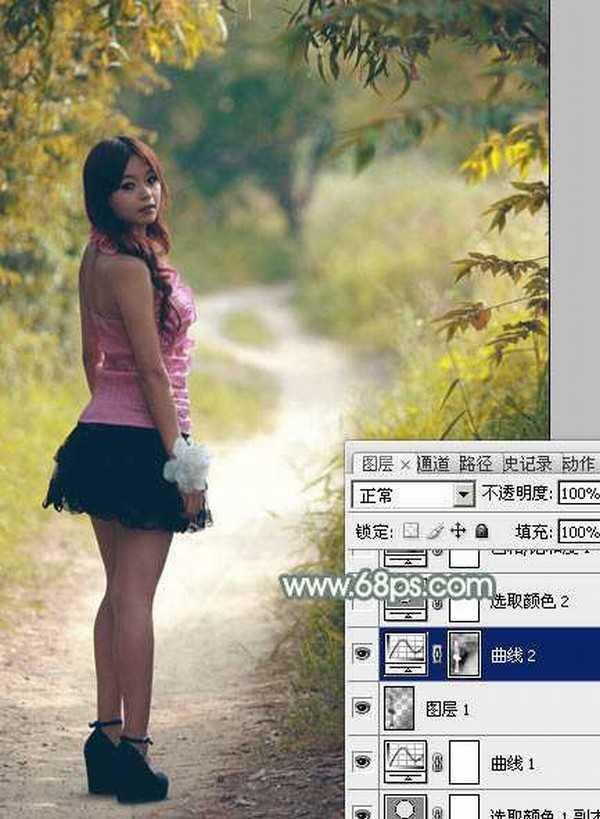 Photoshop为树林中的红衣美女加上漂亮的秋季色