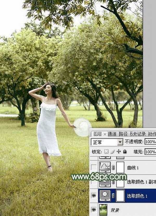 Photoshop将树景人物图片打造灿烂的黄绿色