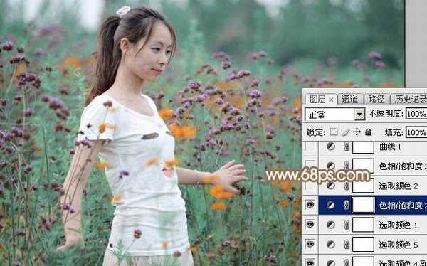 Photoshop为花丛中的美女加上甜美的淡粉色