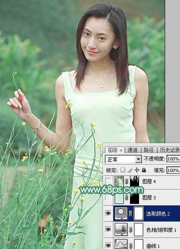 Photoshop调出甜美的清爽淡绿色外景美女