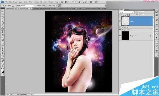Photoshop合成星云四射背景下的美女效果图